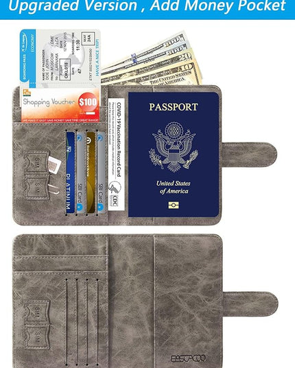 Passport Holder Cover Wallet RFID Blocking Leather Card Case Travel Accessories for Women Men (Grey)