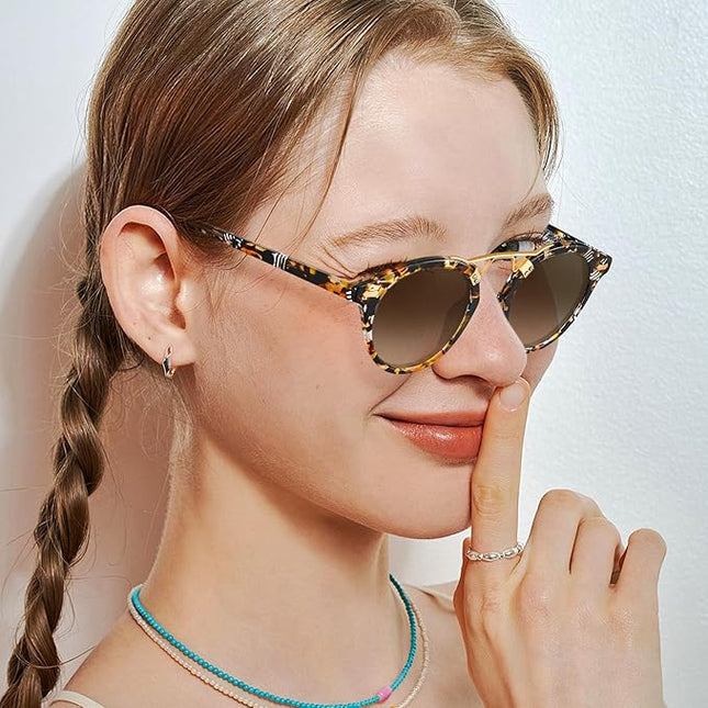 CARFIA Small Face Acetate Polarized Sunglasses for Women UV Protection, Retro Double Bridge Eyewears Metal Brow Round Sunnies