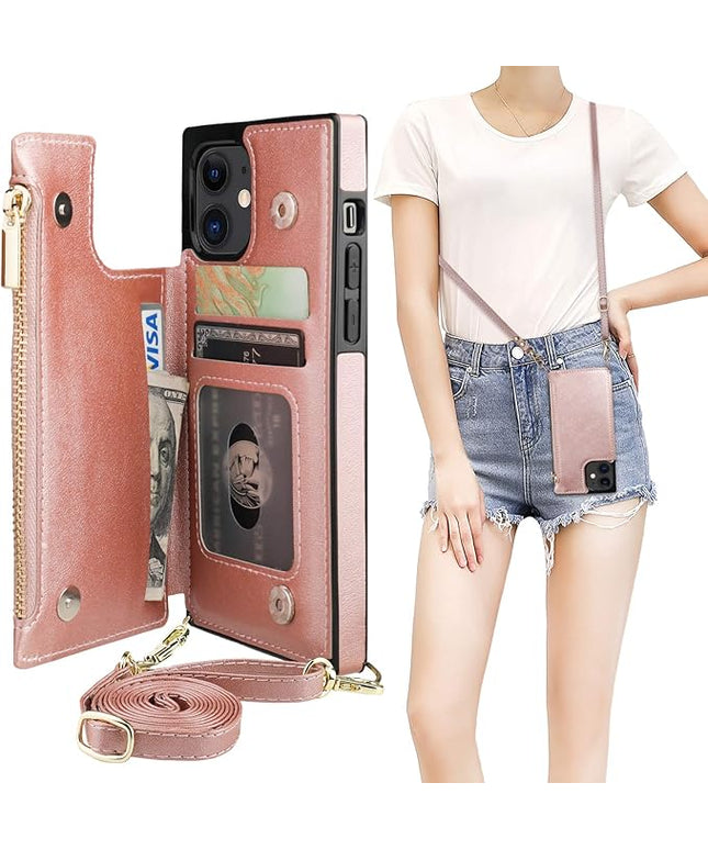 Bocasal Crossbody Wallet Case for iPhone 12/12 Pro with Card Holder,Zipper Card Slot Protector Shockproof Purse Cover with Removable Cross Body Strap 6.1 Inch(Rose Gold)