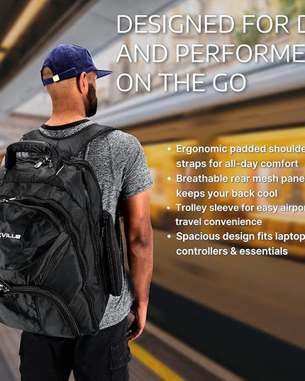 Rockville RVBACKPACK V2 Large DJ Laptop/Gear Travel Backpack, 9 Compartments, Padded Laptop & Headphone Storage, Trolley Sleeve, Lockable Zippers, Reinforced Stitching, Perfect for DJs & Musicians