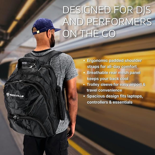 Rockville RVBACKPACK V2 Large DJ Laptop/Gear Travel Backpack, 9 Compartments, Padded Laptop & Headphone Storage, Trolley Sleeve, Lockable Zippers, Reinforced Stitching, Perfect for DJs & Musicians