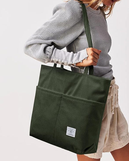 KALIDI Women Corduroy Tote Bag Zipper Casual Tote's Handbag Big Capacity Shoulder Bag with Pockets