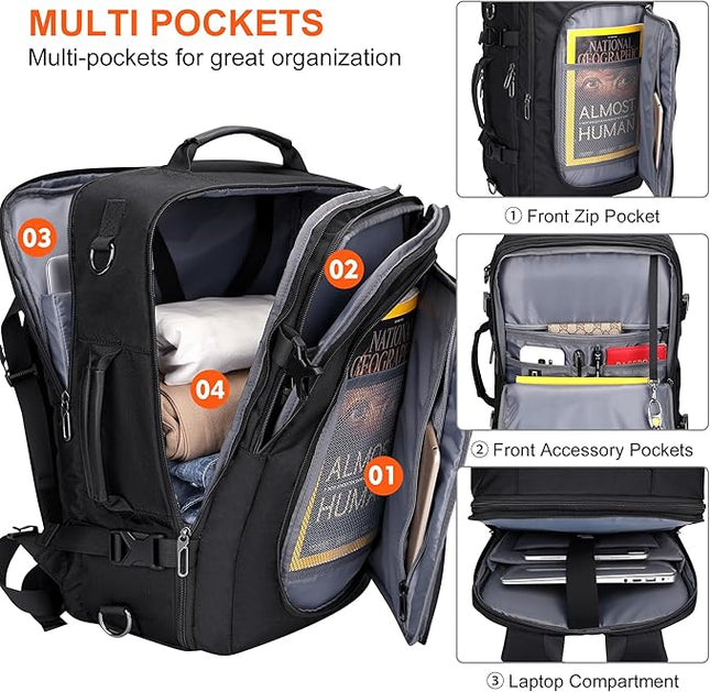 PIJUSHI Travel Backpack for Women Men Flight Approved Carry on Bag 16 inch Laptop Personal Item Daypack with Shoe Compartment(PE038 Black)