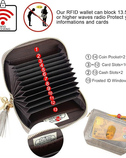 APHISON RFID Credit Card Holder Zipper Card Case Keychain Small Wallet for Women 1927 GRAY