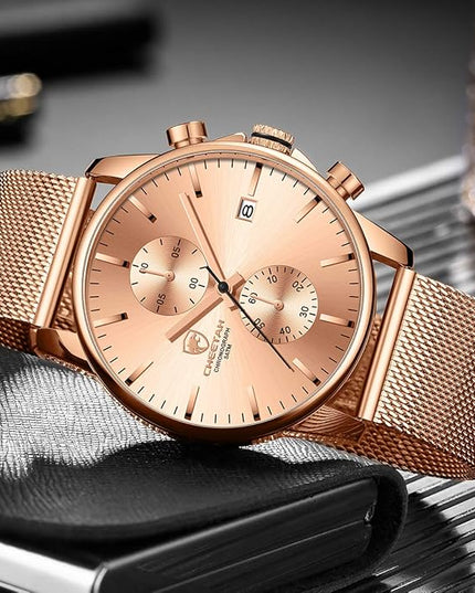 GOLDEN HOUR Mens Watch Fashion Sleek Minimalist Quartz Analog Mesh Stainless Steel Waterproof Chronograph Watches for Men with Auto Date