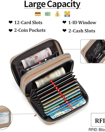 RNIEGA Credit Card Holder Wallet RFID Blocking Leather Small Wallet for Women Double Zipper Wallet with ID Window