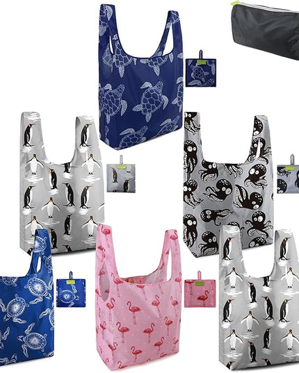 BeeGreen Animals Reusable Grocery Bags Turtle Peguins Flamingo Octopus Reusable Kitchen Bags Bulk Foldable-Machine Washable with Zipper Storage Pouch 6 Packs