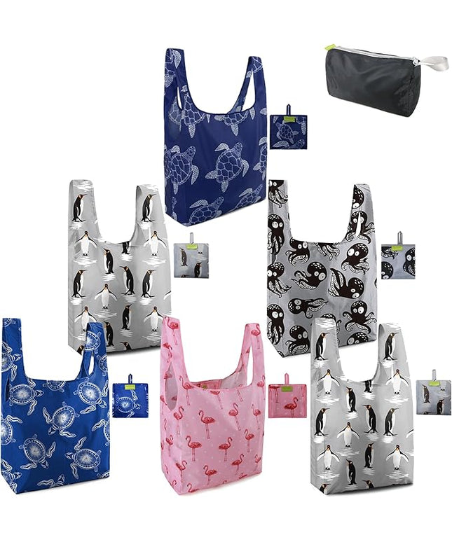 BeeGreen Animals Reusable Grocery Bags Turtle Peguins Flamingo Octopus Reusable Kitchen Bags Bulk Foldable-Machine Washable with Zipper Storage Pouch 6 Packs