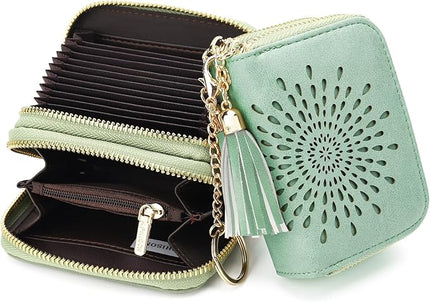 APHISON RFID Credit Card Holder Zipper Card Case Small Wallets for Women Leather Sunflower Style Ladies Girls Credit Card Case Double-Zip Peppermint-Mambo-Green