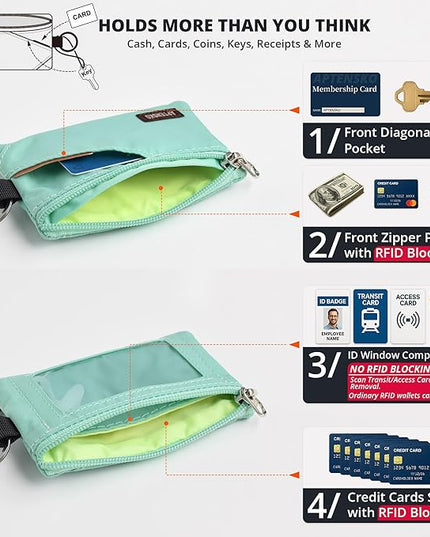 RFID Travel Wallet with Adjustable Lanyard-Zipper Small Wallet with ID Card Holder, Keychain for women&men-Minimalist Slim Waterproof Nylon case for ID, Cash, Key (Mint Aqua)