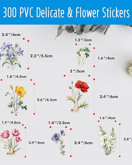 300 PCS PVC Flower Stickers, Self-Adhesive PVC Nature Floral Stickers for Scrapbook, Laptop, Journal, DIY Project, Spring Themed Party Decors