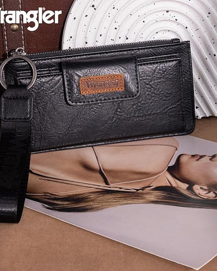 Montana West X Wrangler Black Minimalist Wallet for Women Ladies Female Card Cases & Money Organizers Wristlet with Wallet Large Clutch with Coin Purse Smooth Zipper and Rfid Lining WG179-W013BK