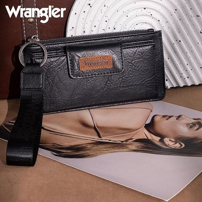 Montana West X Wrangler Black Minimalist Wallet for Women Ladies Female Card Cases & Money Organizers Wristlet with Wallet Large Clutch with Coin Purse Smooth Zipper and Rfid Lining WG179-W013BK