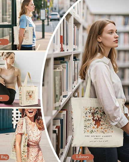 BROADREAM Aesthetic Canvas Tote Bag for Women, Vintage Reusable Book Tote Bag with Inner Zipper Pocket