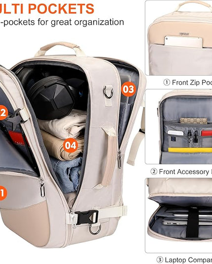 PIJUSHI Travel Backpack for Women Carry on Suitcase Backpack Flight Approved Personal Item Bag Fits 16 Inch Laptop(PE035 Beige)