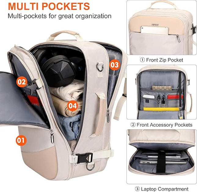 PIJUSHI Travel Backpack for Women Carry on Suitcase Backpack Flight Approved Personal Item Bag Fits 16 Inch Laptop(PE035 Beige)