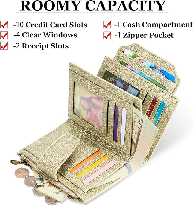 Airkit Small Wallet Women RFID Blocking Soft Leather Bifold Compact Card Holder Wallet for Women with Zipper Coin Pocket 4 ID Window