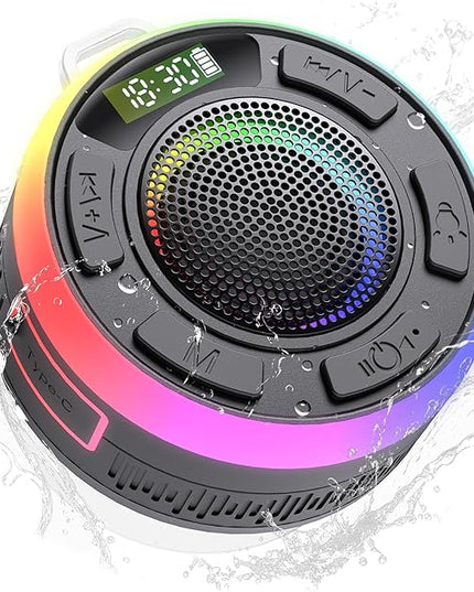 IPX7 Waterproof Shower Bluetooth Speaker, Portable Small Speaker with Suction Cup and Time Display, Loud Crystal Sound & Bass 10H Playtime 1100mAh, Wireless Shower Speakers for Pool, Beach Gift Black
