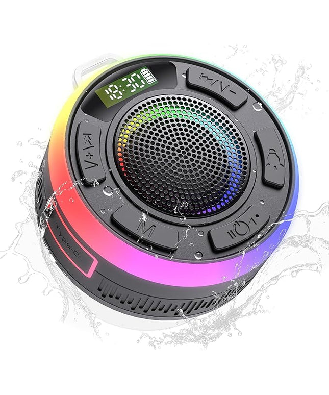 IPX7 Waterproof Shower Bluetooth Speaker, Portable Small Speaker with Suction Cup and Time Display, Loud Crystal Sound & Bass 10H Playtime 1100mAh, Wireless Shower Speakers for Pool, Beach Gift Black