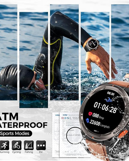 EIGIIS KE5 Military Smart Watch for Men with Flashlight SOS 3ATM Waterproof Watch 530mAh Big Battery 1.45" Rugged Tactical Smartwatch with Compass Elevation Barometer Fitness Watch for iPhone (Brown)