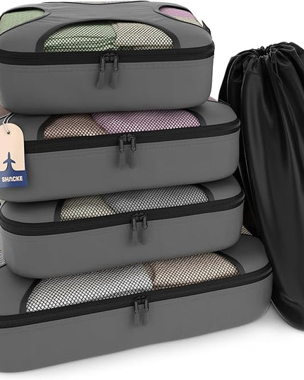 Shacke Premium 5 Packing Cubes Set - Lightweight Mesh Travel Luggage Organizers with Laundry Bag, 5-Piece Suitcase Storage System (Dark Grey)