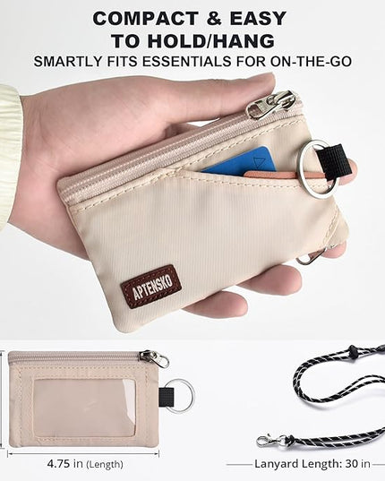 RFID Travel Wallet with Adjustable Lanyard-Zipper Small Wallet with ID Card Holder, Keychain for women&men-Minimalist Slim Waterproof Nylon case for ID, Cash, Key (Almond White)