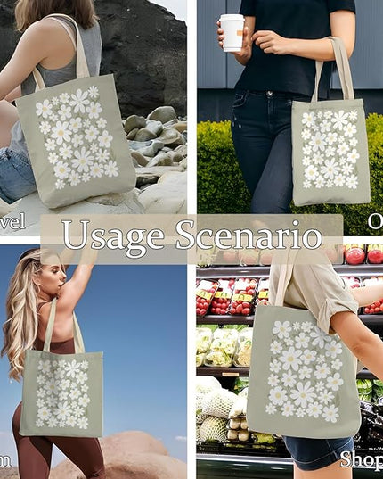 Sage Green Aesthetic Canvas Tote Bags, Floral Cute Flower Tote for Women, Reusable Grocery Shopping Bags