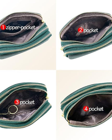 LINNO 3 Zippered Genuine Leather Coin Purse Triple Capacity Change Pouch Little Travel Wallet With Key Ring for Women