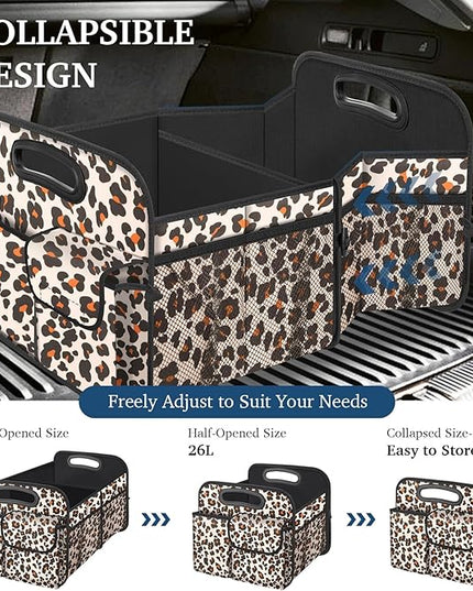 Femuar Car Trunk Organizer, Trunk Storage Organizer with Large Capacity Waterproof Collapsible Trunk Organizer for Car Suv/Jeep/Sedan (Leopard Print, Standard)