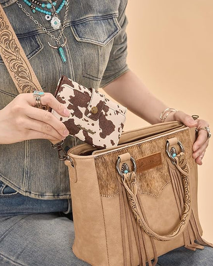 Montana West Trifold Wallets for Women Western Cow Print Small Card Wallet Ladies Female Travel Wallets Women's Small Clutch Wallet with ID Window and RFID Lining