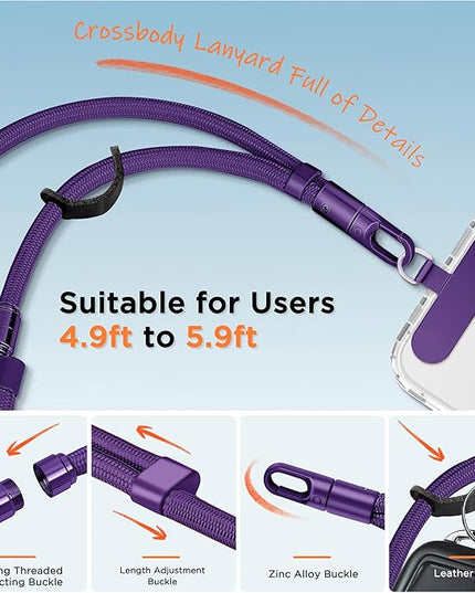 3-in-1 Cell Phone Lanyard 1 Pack + Wrist Strap 1 Pack - Convertible Crossbody Strap with Locking Knob Friendly, Adjustable Neck Lanyard for Gym/Work/Travel Essentials(Purple)
