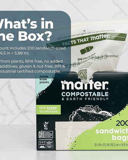 Matter Compostable Sandwich Bags for Food Storage, Eco-Friendly, Resealable, 200 Count