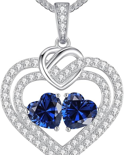 LOUISA SECRET Sparkling Double Heart Birthstone Necklaces for Women, 925 Sterling Silver Fine Jewelry, Pendant Heart Necklaces Birthday Anniversary Christmas Gift for Women Wife Mom Girlfriend Lady