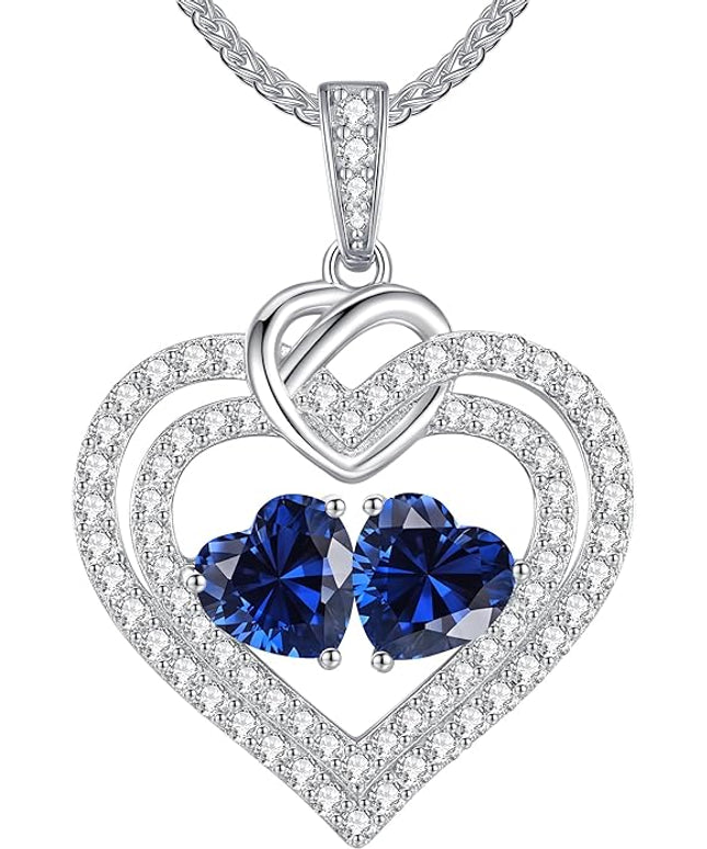 LOUISA SECRET Sparkling Double Heart Birthstone Necklaces for Women, 925 Sterling Silver Fine Jewelry, Pendant Heart Necklaces Birthday Anniversary Christmas Gift for Women Wife Mom Girlfriend Lady