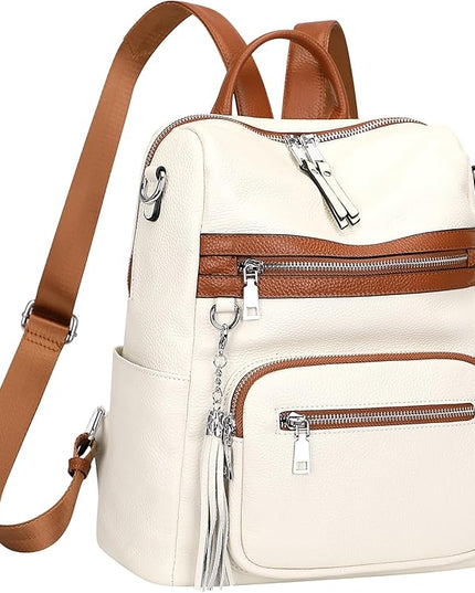 ALTOSY Genuine Leather Backpack Purse for Women Large Shoulder Bag With Laptop Compartment Multiple Pockets (S106 Beige/Brown)
