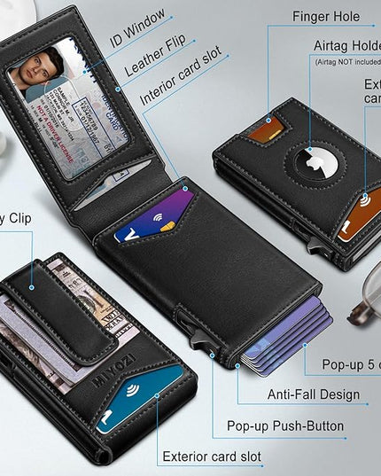 miyozi Airtag Wallet for Men Money Clip 9-Card Pop-Up Credit Card Holder with ID Window RFID Blocking Metal Case Magnetic Closure Front Pocket Wallet Gift Box