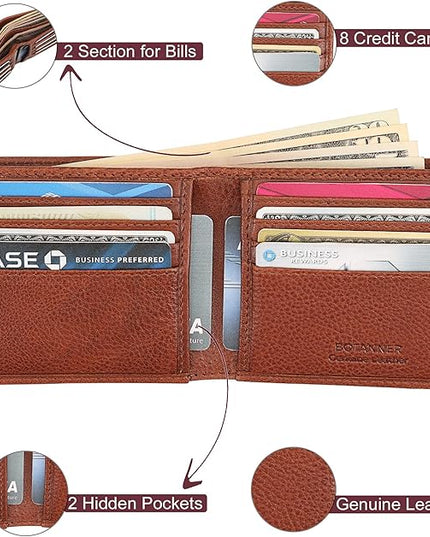 BOTANNER Mens Genuine Leather Bifold Wallet RFID Blocking 8 Credit Card Slots 2 Sections for Bills & 2 Additional Slots | Tan