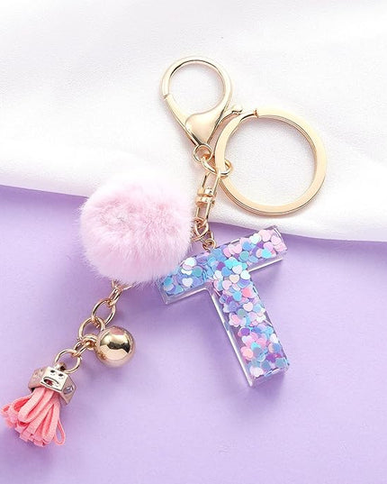 Resin Alphabet Initial Letter Keychain Keyring for Women Purse Handbags With Fur Ball Pom