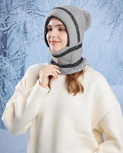 HUAMULAN Women Winter Beanie Hats One Piece Fleece Lined Knit Balaclavas Mask Set Skull Neck Circle Scarf Ski Snow Hat Pompom