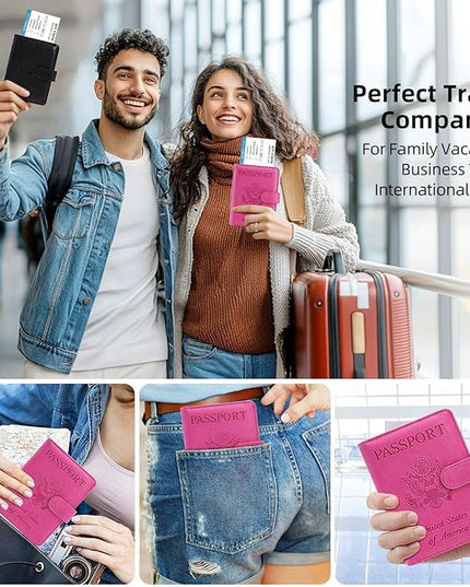 Passport Holder For Travel with Luggage Tag Cover – RFID Blocking Travel Passport Wallet Holder for Women/Family| PU Leather Passport Case with Extra Money Pocket/Magnetic Clasp, Pink