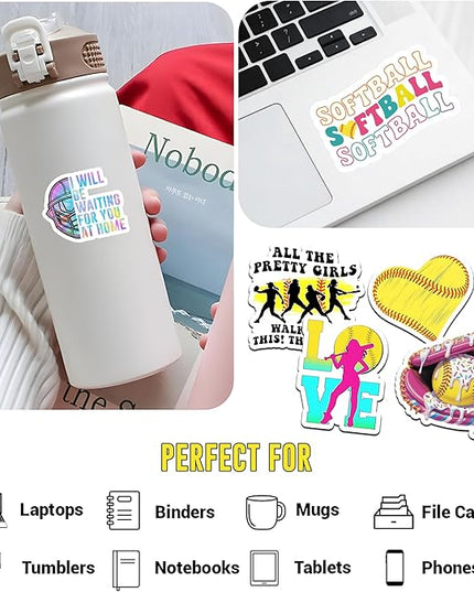 12PCS Softball Stickers for Girls Boys Kids, Softball Stickers for Water Bottles Helmet Poster Board, Softball Decals Vinyl Stickers Waterproof