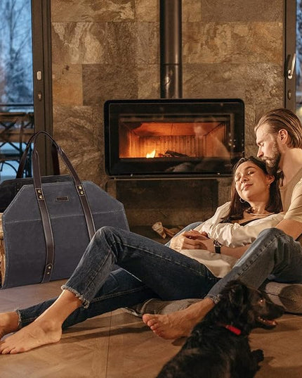 Log Carrier|Waxed Canvas Log Holder|Firewood Carrier Tote Bag|Fireplace Wood Stove Accessories-Grey