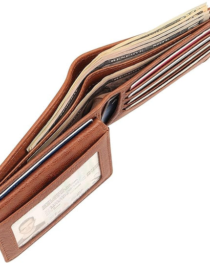 BOTANNER Mens Genuine Leather Flip ID Wallet RFID Blocking 8 Credit Card Slots 2 ID Windows 2 Sections for Bills 3 Hidden Pockets | Tan