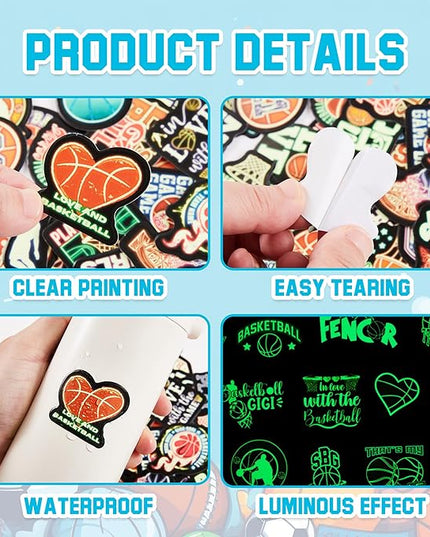 70 PCS Neon Basketball Water Bottle Stickers for Kids, Glow in The Dark Vinyl Decals for Laptop Skateboard Phone Case, Teens Adults Boys Girls Colorful Sports Decor