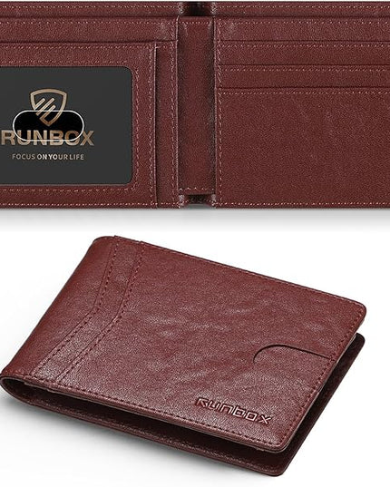RUNBOX Wallet for Men Slim Leather Bifold RFID Blocking Minimalist Front Pocket Design with Gift Box