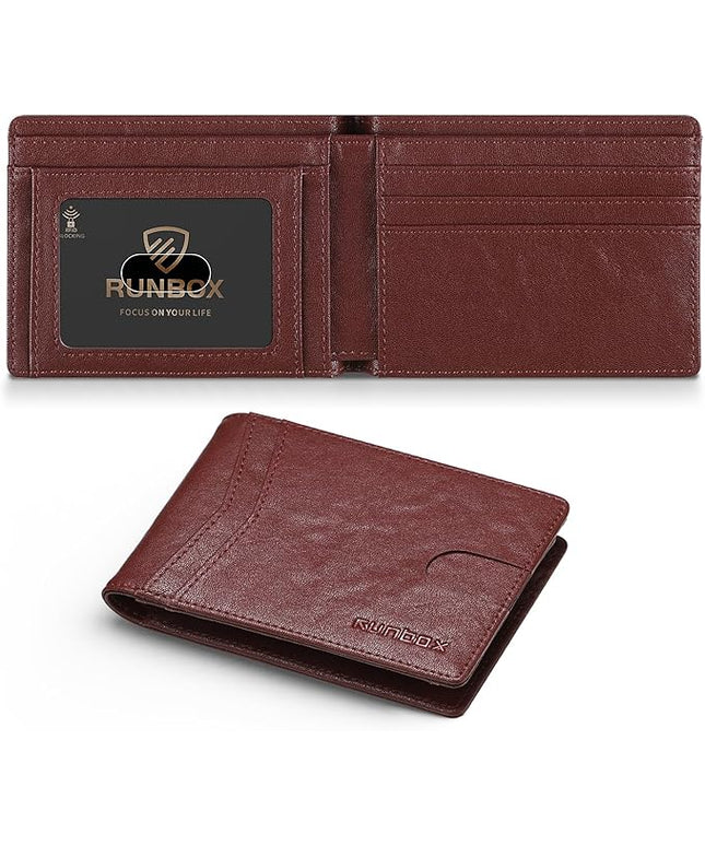 RUNBOX Wallet for Men Slim Leather Bifold RFID Blocking Minimalist Front Pocket Design with Gift Box