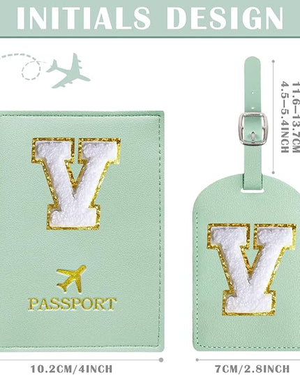 COSHAYSOO Green Passport Cover and Initial Luggage Tag Set TSA Approved with Preppy Chenille Letter Patch for Women Girl Friends, Trendy Travel Bag Backpack Suitcase Identifier Personalized Gifts (V)