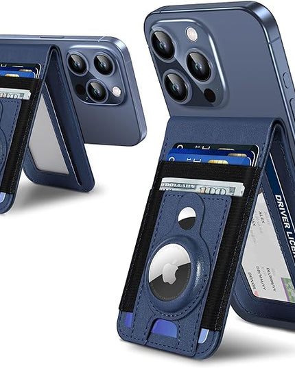 For Magsafe Wallet Stand with Airtag Holder, Strongest Magnetic Phone Wallet for iPhone 17/16/15/14/13/12 Series, ID Window, 4 Card Slots, 10 Cards Holder, Vegan Leather, RFID Blocking, Navy Blue