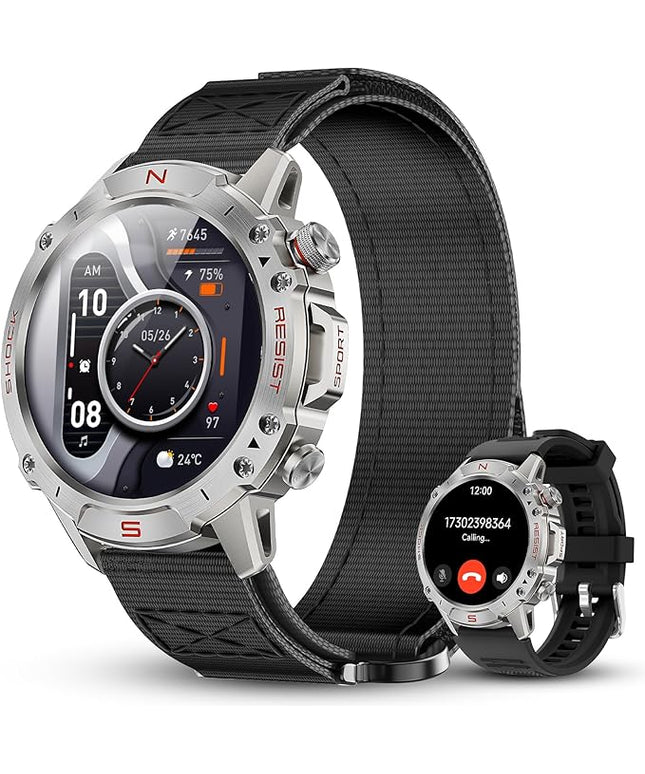 WalkerFit Smart Watch for Men, 1.43" Round AMOLED, 5ATM Waterproof for Swim, Heart Rate & Sleep Monitor, Long Battery, Outdoor Activity Tracker, Voice Control&Bluetooth Call (Silver, Black Nylon)