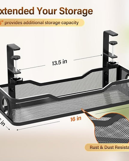 Under Desk Cable Management Large, Cinati 16" Cable Management Box for Table Thickness up to 3", Wire Cord Organizer with Clamp No Drill, No Damage to Desk (Black)